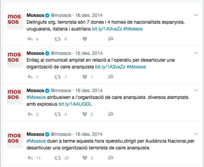 Els Mossos d'Esquadra justifiquen les detencions a través del seu compte de Twitter / ARXIU