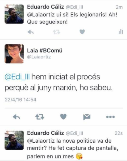 Conversa pública a Twitter entre el militant de la CUP-Capgirem Barcelona, Eduardo Cáliz, i l'aleshores regidora de Sant Andreu, Laia Ortiz / ARXIU