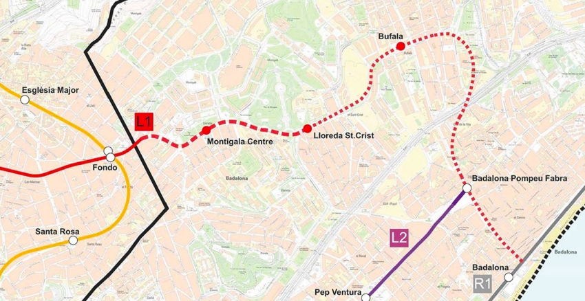 Mapa del perllongament de la L1 de metro / GENERALITAT