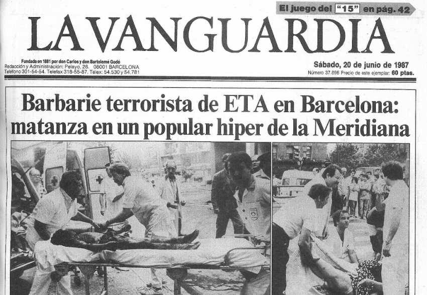 Portada de La Vanguardia sobre l'atemptat terrorista d'ETA a l'Hipercor / ARXIU